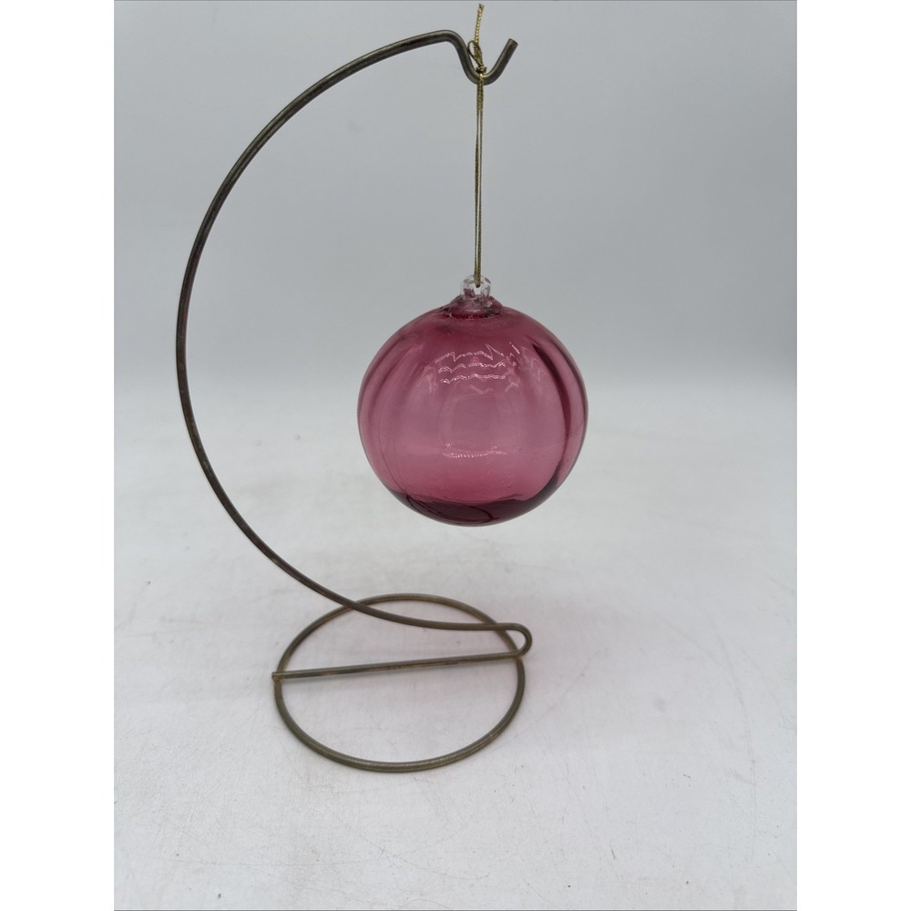 Vintage Handblown Cranberry Pink Glass Ball Ornament On Brass Stand